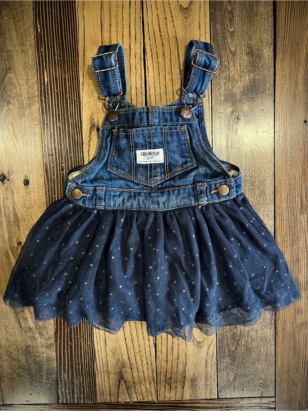 OSHKOSH B’GOSH • blue jean denim overall dress tulle skirt frilly western baby